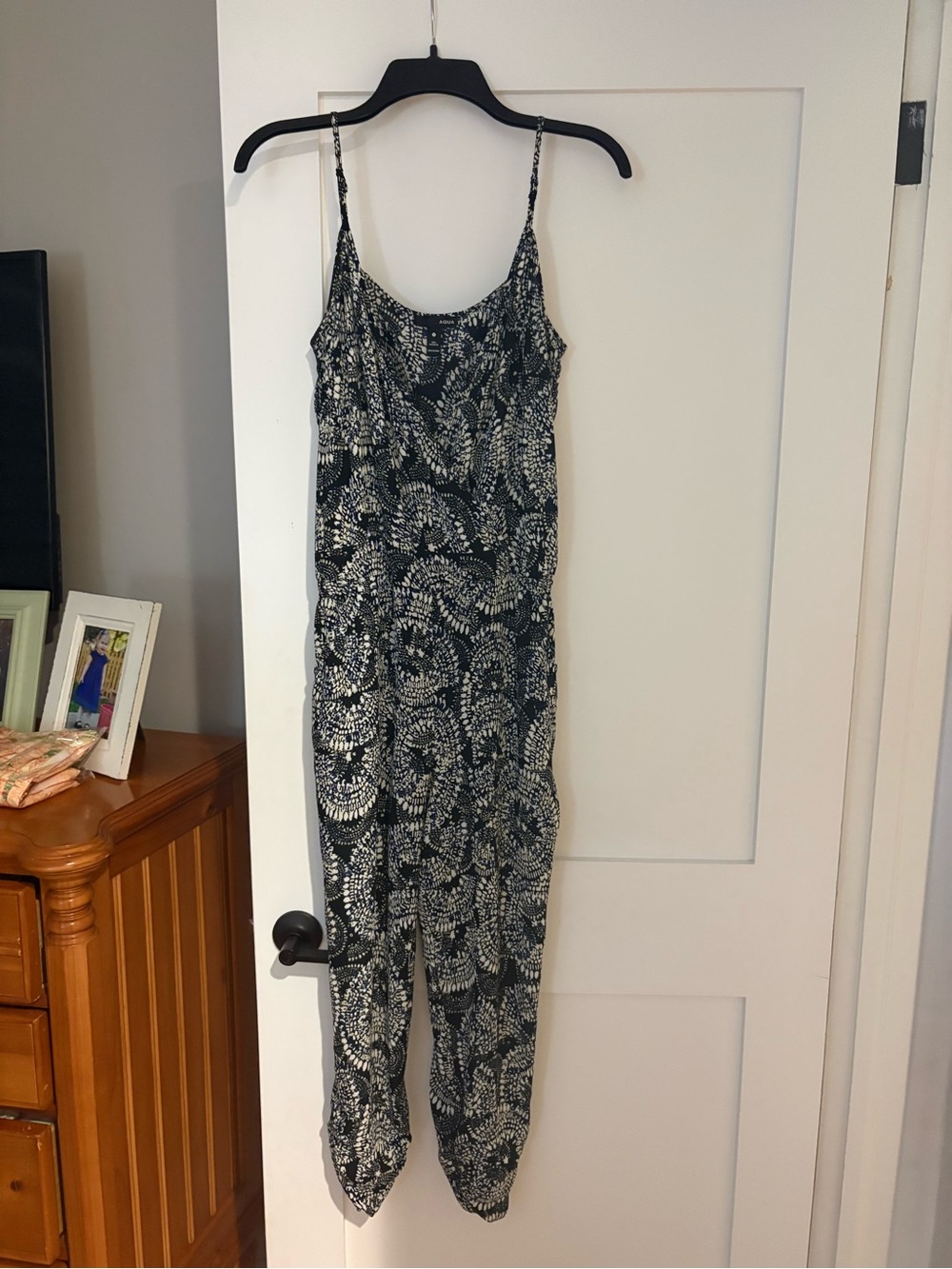 Aqua Black and White Printed Spaghetti-Strap Jumpsuit